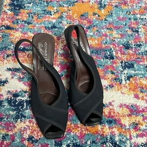 Donald J. Pliner Tyna Black Open Toe Slingback Patent Wedge size 6.5